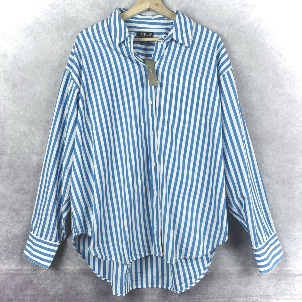 J.Crew Womens NWT 100% Cotton Relaxed Blue White Striped Button Down Shirt Sz M